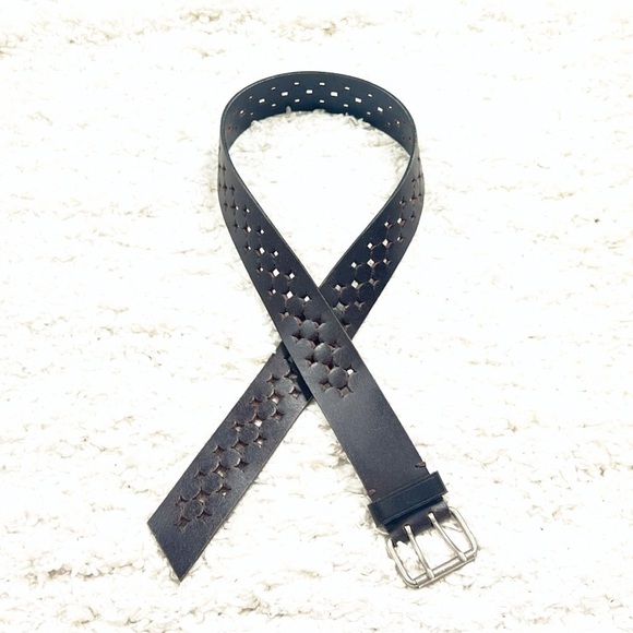 Express Vintage Perforated Brown Leather Belt Silver Buckle Medium Adjustable - Picture 1 of 6